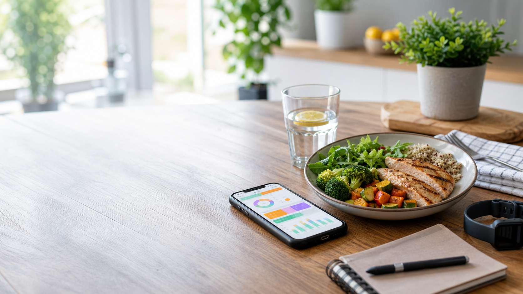 Meal, phone, and daily tracking setup on a kitchen table